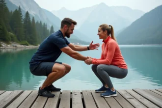 Coach sportif guidant une femme dans ses exercices de squats au bord du lac d'Annecy, reprise du sport en plein air