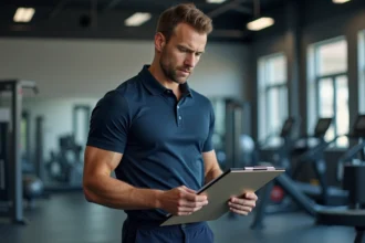 Coach sportif en salle de musculation consultant un document d'assurance professionnelle sur un presse-papiers