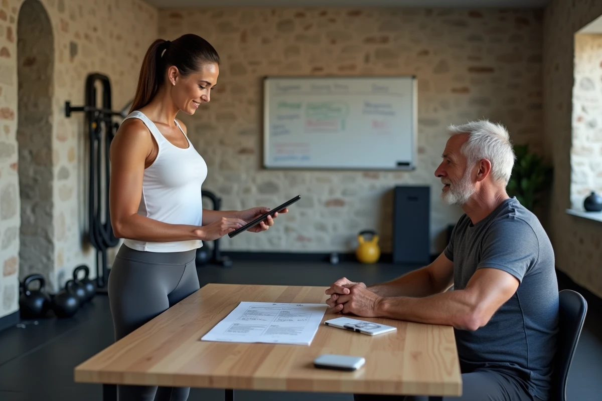 Coach sportive à Avignon en consultation personnalisée avec un client dans une salle de sport moderne aux murs en pierre