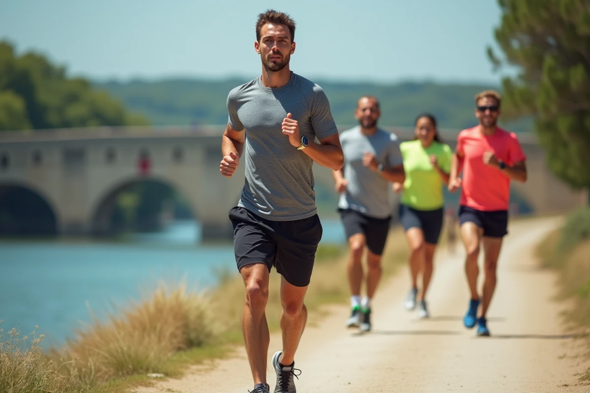 Séance de running encadrée par un coach sportif à Avignon au bord du Rhône avec le Pont d'Avignon en arrière-plan