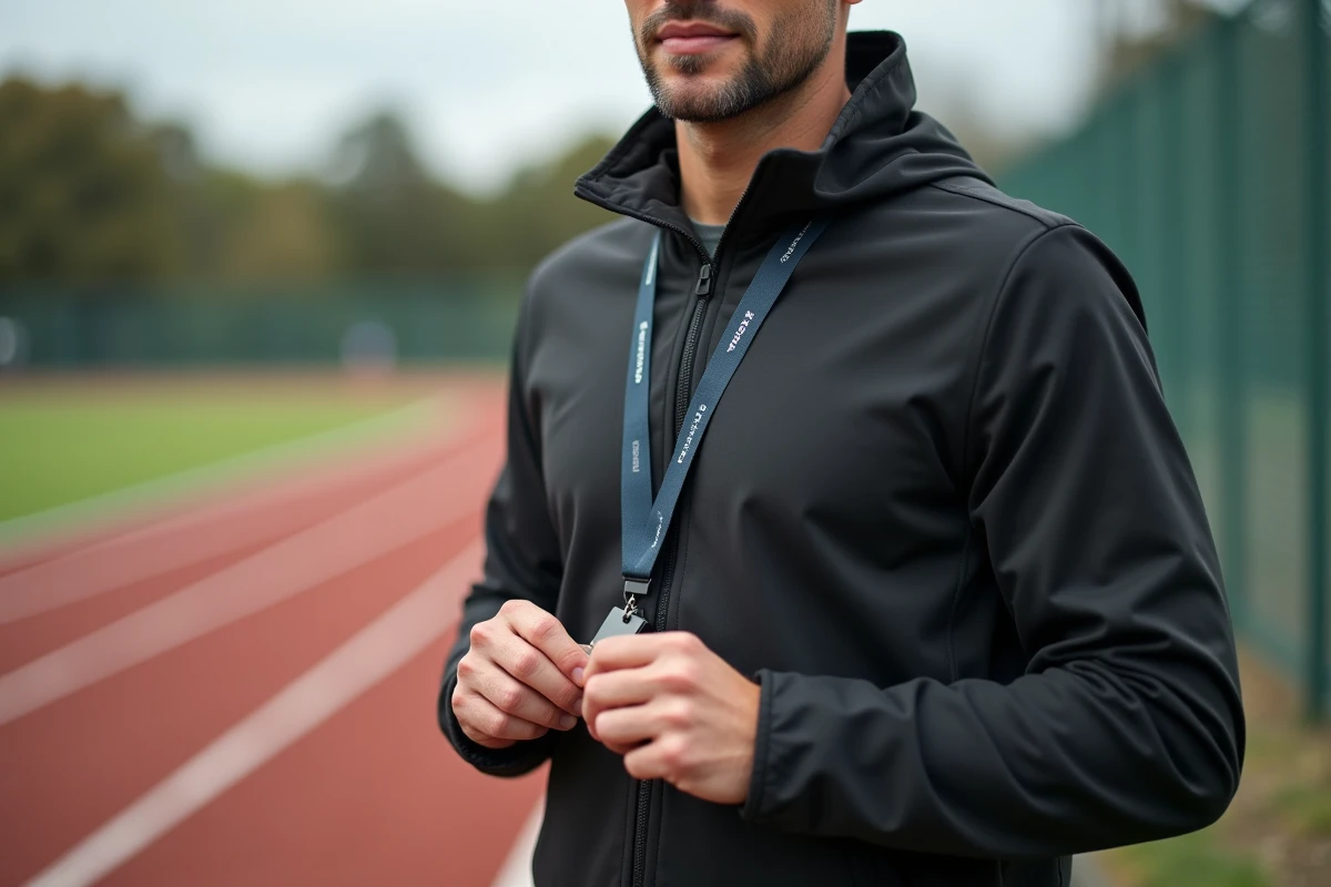 Coach sportif accrochant son badge de carte professionnelle autour du cou sur le bord d'une piste d'athlétisme