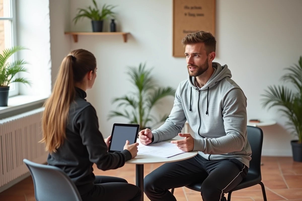 Coach sportif et cliente en séance de bilan personnalisé dans un studio fitness à Montpellier