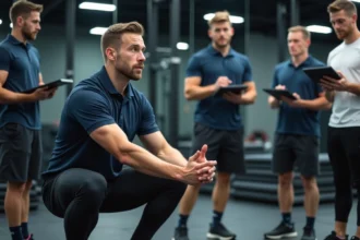 Coach sportif diplômé BPJEPS démontrant une technique de squat à des stagiaires dans une salle de sport professionnelle