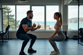 Coach sportif à Brest guidant une cliente lors d'un exercice de squats en salle de fitness moderne