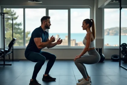 Coach sportif à Brest guidant une cliente lors d'un exercice de squats en salle de fitness moderne