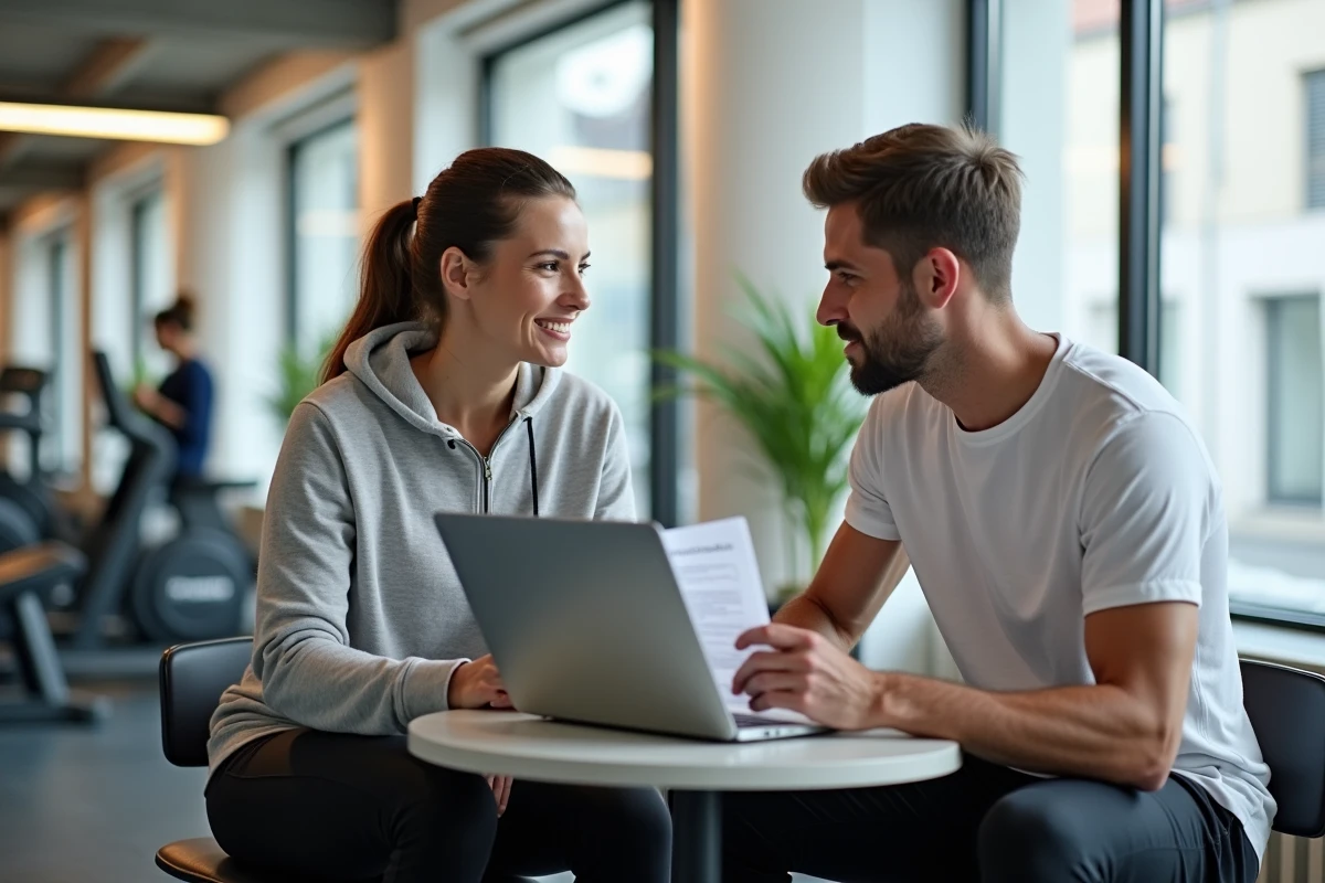 Coach sportive à Caen en séance de consultation personnalisée avec un client dans une salle de sport moderne