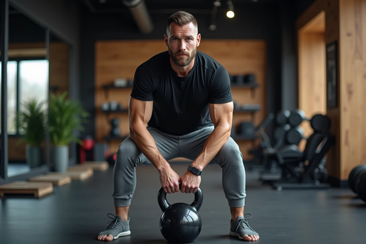 Coach sportif à Caen effectuant une démonstration de soulevé de kettlebell dans un studio de fitness privé
