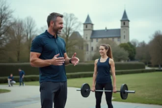 Coach sportif à Caen guidant une cliente lors d'un exercice de squat en extérieur avec vue sur un monument historique