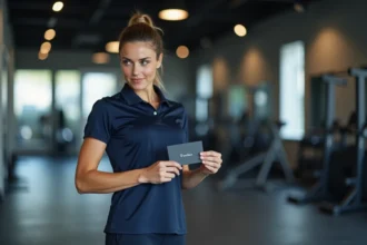 Coach sportive tenant une carte de visite professionnelle dans un studio de fitness moderne