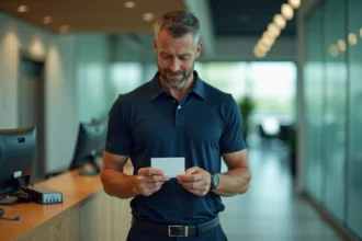 Coach sportif professionnel tenant sa carte professionnelle officielle dans une salle de réception d'un complexe sportif moderne