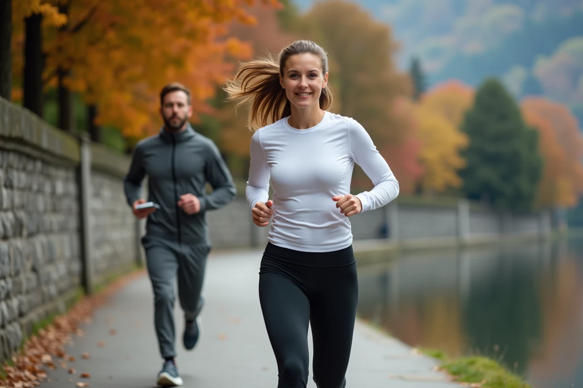 Femme reprenant la course à pied encadrée par un coach sportif sur les quais d'Annecy en automne