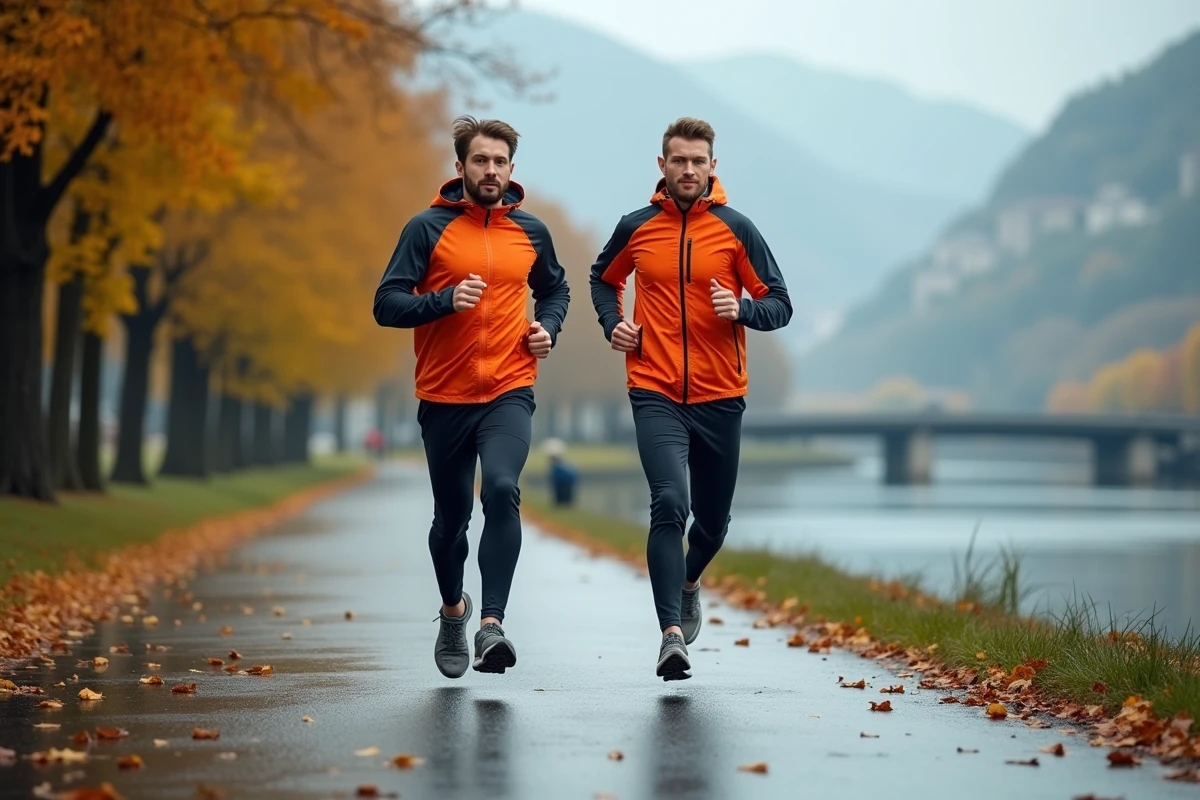 Coach sportif et son client en course à pied sur les bords de l'Isère à Grenoble en automne
