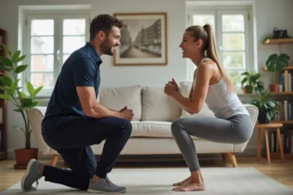 Coach sportif à domicile aidant une femme à corriger sa posture lors d'un squat dans son salon