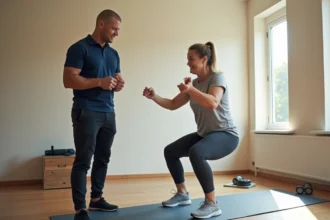 Coach sportif à domicile supervisant une séance d'exercice dans un salon aménagé pour l'entraînement