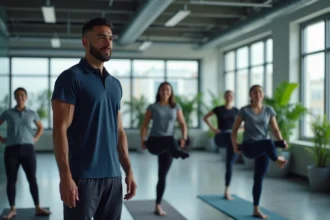 Coach sportif guidant des employés de bureau lors d'une séance d'étirement en entreprise dans un espace de travail moderne