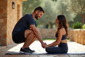 Coach sportif guidant une cliente lors d'un exercice d'étirement en plein air à Aix-en-Provence, avec des murs en pierre provençale en arrière-plan