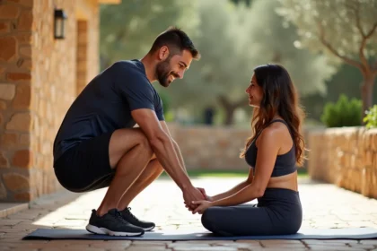 Coach sportif guidant une cliente lors d'un exercice d'étirement en plein air à Aix-en-Provence, avec des murs en pierre provençale en arrière-plan