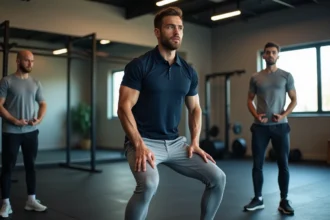 Coach sportif professionnel encadrant un groupe de stagiaires adultes lors d'un exercice de squat dans une salle de sport moderne
