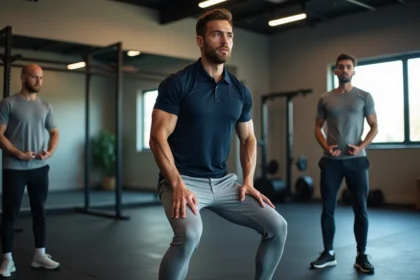 Coach sportif professionnel encadrant un groupe de stagiaires adultes lors d'un exercice de squat dans une salle de sport moderne