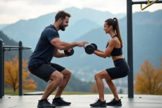 Coach sportif guidant une cliente lors d'un entraînement en plein air à Grenoble avec le massif du Vercors en arrière-plan