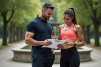 Coach sportif au Mans consultant un programme d'entraînement personnalisé avec une cliente dans un parc en plein air