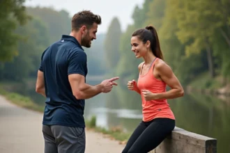Coach sportif et cliente s'entraînant en plein air au bord de la Vienne à Limoges