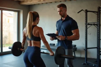 Coach sportif à Montpellier guidant une cliente lors d'une séance personnalisée de musculation en salle privée