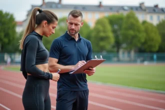 Coach sportif et cliente analysant un programme d'entraînement près d'une piste d'athlétisme à Nantes