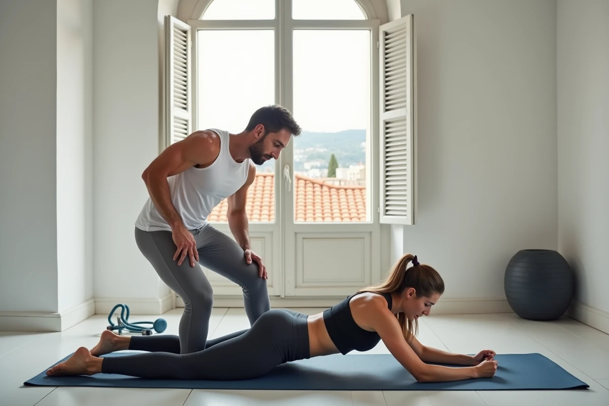 Coach sportif à Nice aidant une cliente lors d'un exercice de gainage dans un studio de fitness avec vue sur les toits de la ville