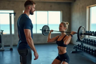 Coach sportif à Nice guidant une cliente lors d'un exercice de squat dans une salle de sport moderne avec vue sur la mer