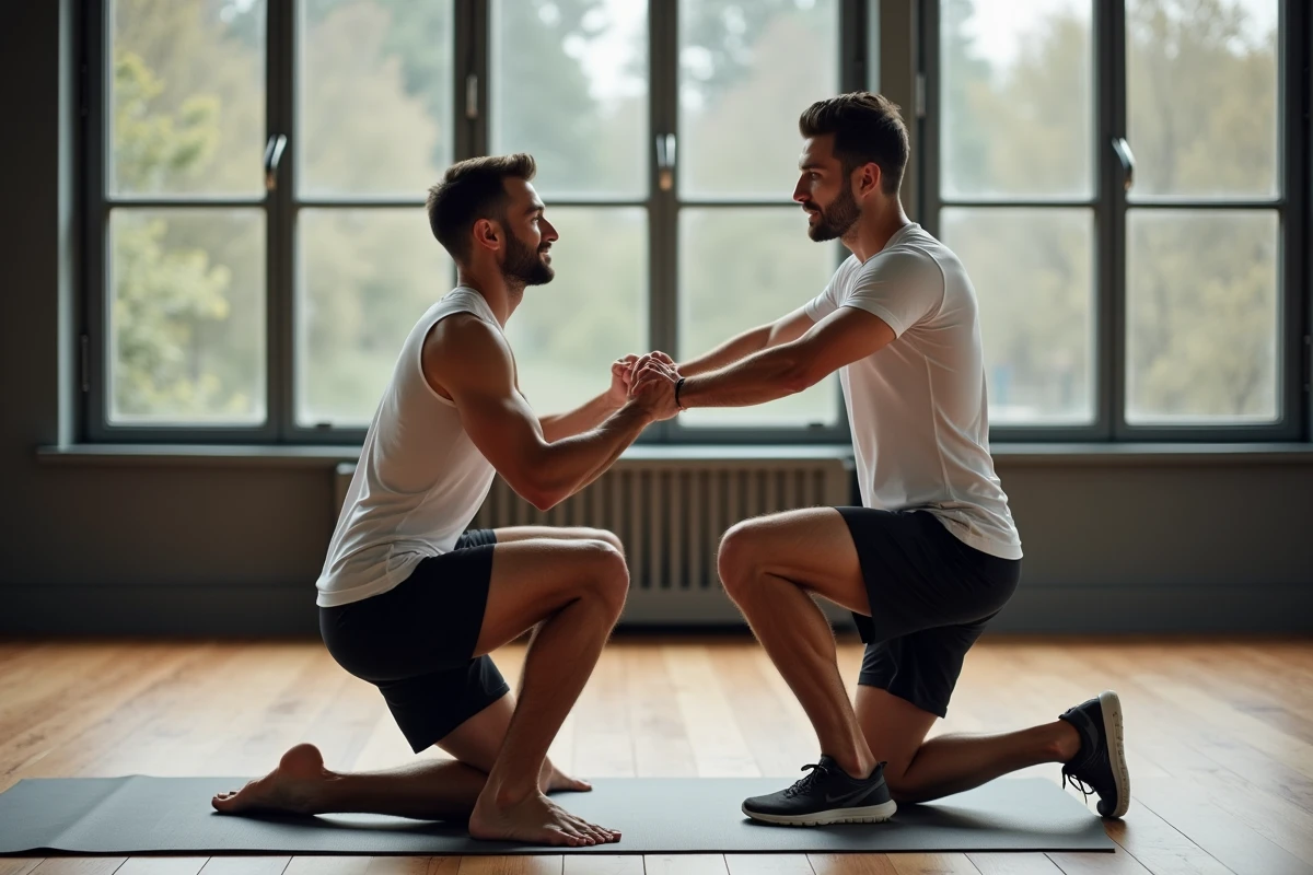 Coach sportif à Pau corrigeant la posture d'un client lors d'un entraînement personnalisé en studio