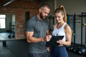 Coach sportif à Reims discutant d'un plan d'entraînement personnalisé avec sa cliente dans une salle de sport moderne