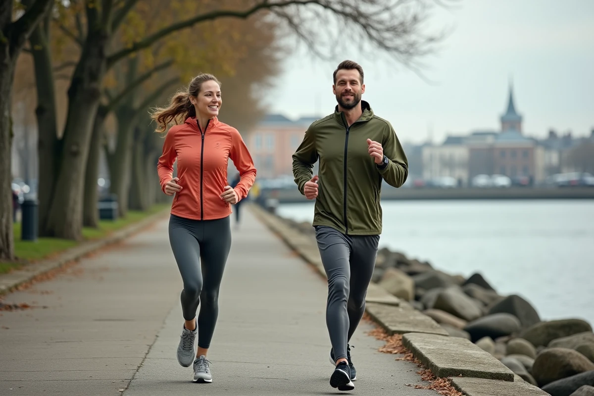 Coach sportif accompagnant une cliente lors d'une session de running sur les quais de la Loire à Nantes
