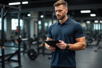 Coach sportif masculin consultant un client dans une salle de sport moderne, tenant un tableau de suivi d'entraînement