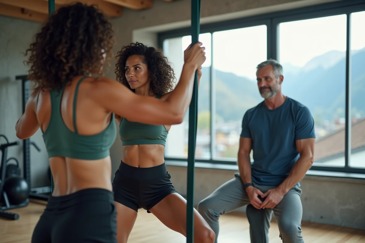 Coach sportive en salle à Annecy montrant un exercice avec bande élastique à un client lors d'une séance personnalisée