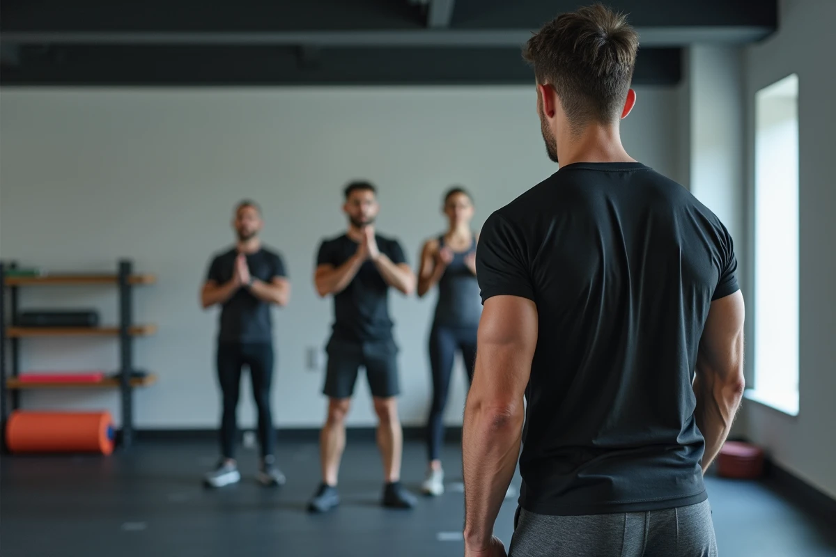 Coach sportif professionnel à Angers animant une séance de remise en forme en salle avec un petit groupe d'adultes