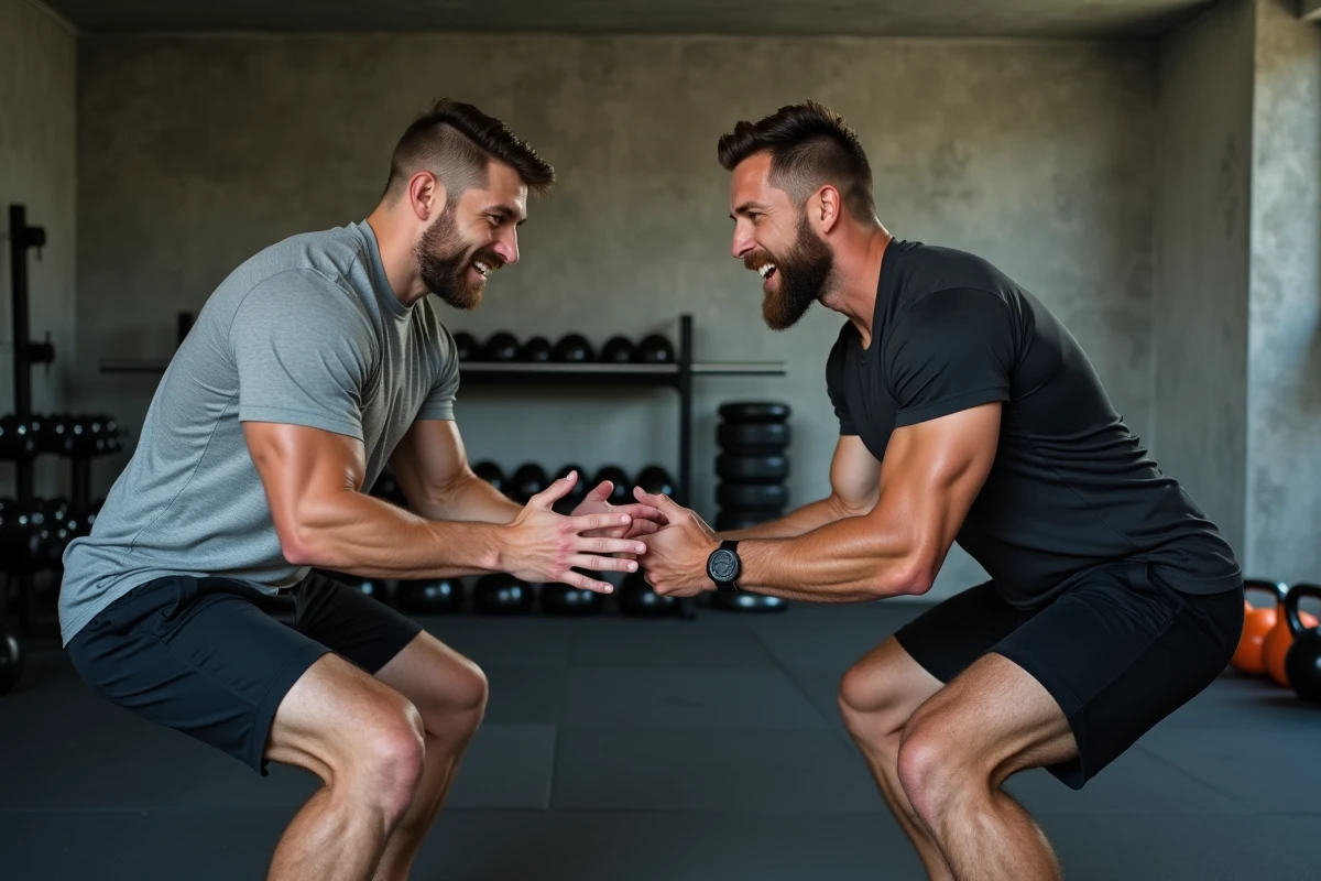 Coach sportif en salle de sport au Mans guidant un client masculin lors d'un exercice de squat avec haltères