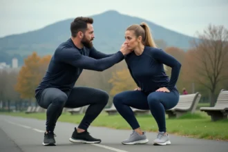 Coach sportif guidant une cliente lors d'une séance de reprise du sport en extérieur à Clermont-Ferrand avec le Puy de Dôme en arrière-plan