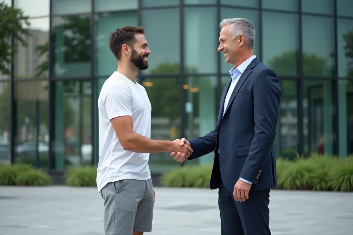 Coach sportif signant un contrat d'assurance avec un courtier devant un immeuble professionnel