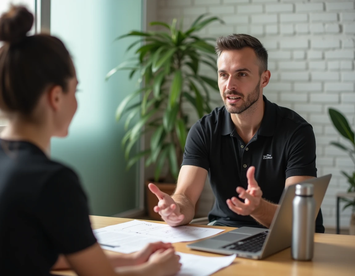 Coach sportif en consultation personnalisée avec une cliente dans un studio fitness contemporain de Strasbourg