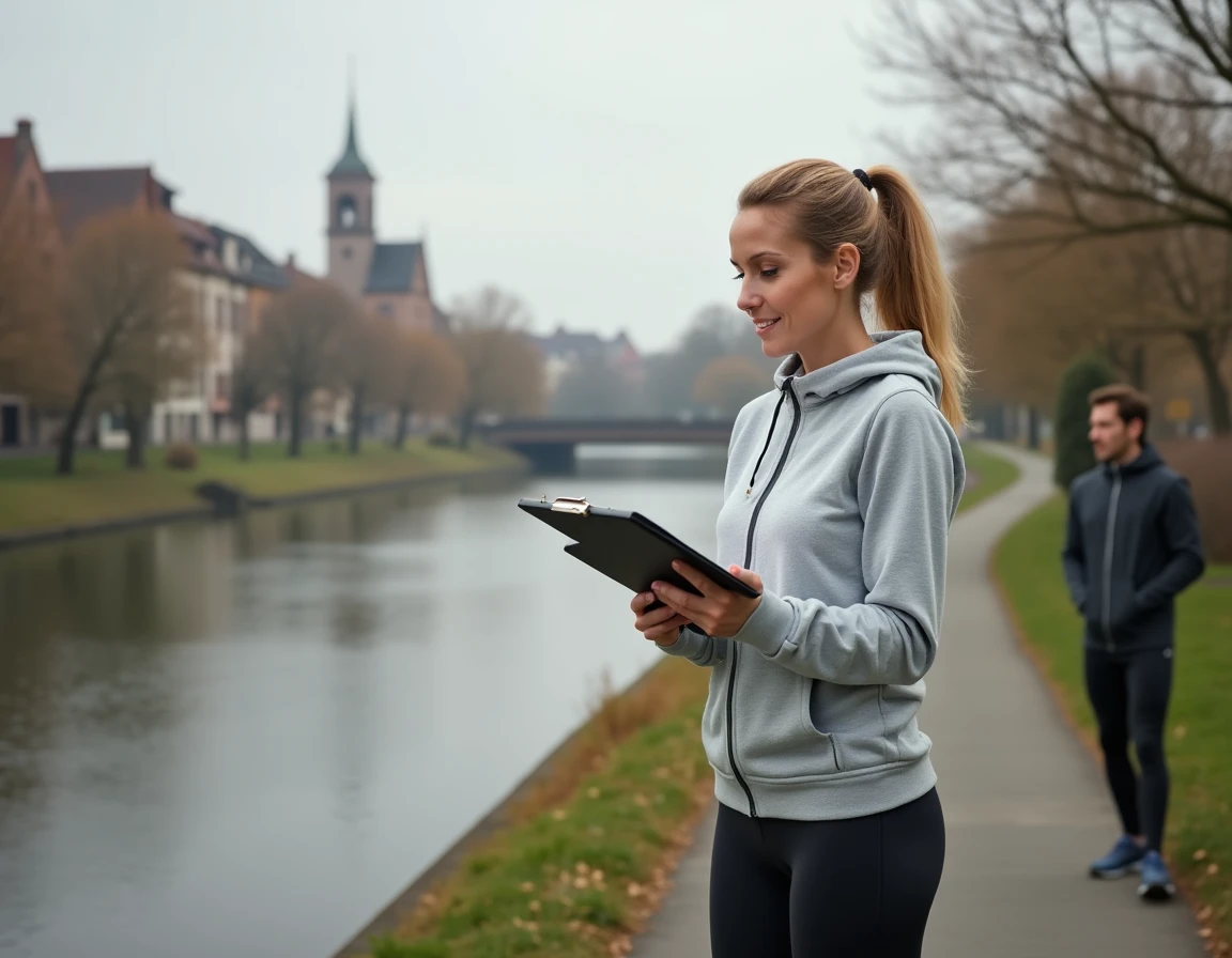 Coach sportive consultant un programme d'entraînement en plein air au bord de l'Ill à Strasbourg en automne