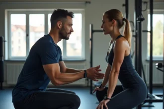 Coach sportif personnel guidant une cliente lors d'un exercice de squat dans une salle de sport moderne à Strasbourg