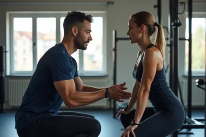 Coach sportif personnel guidant une cliente lors d'un exercice de squat dans une salle de sport moderne à Strasbourg