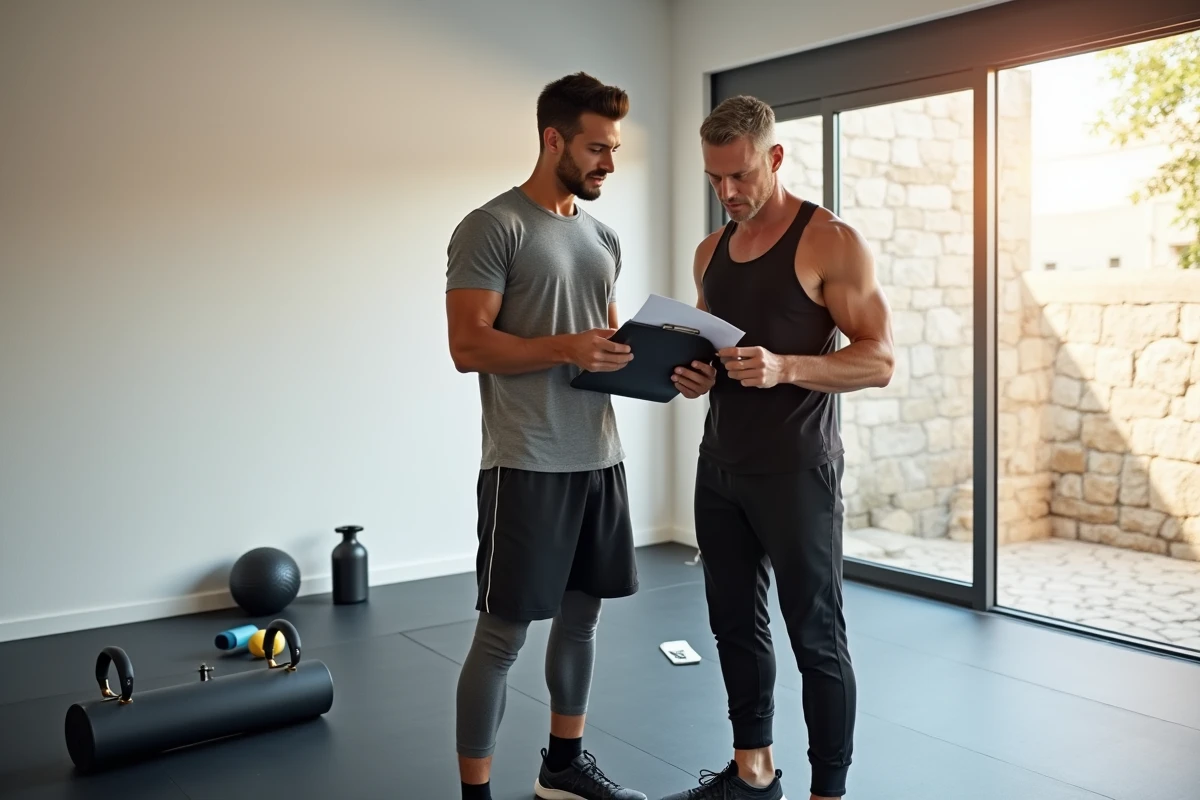 Coach sportif et client discutant d'un programme d'entraînement personnalisé dans un studio de coaching moderne à Aix-en-Provence