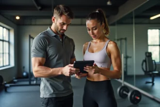 Coach sportif personnel montrant un programme d'entraînement à sa cliente dans une salle de sport privée moderne
