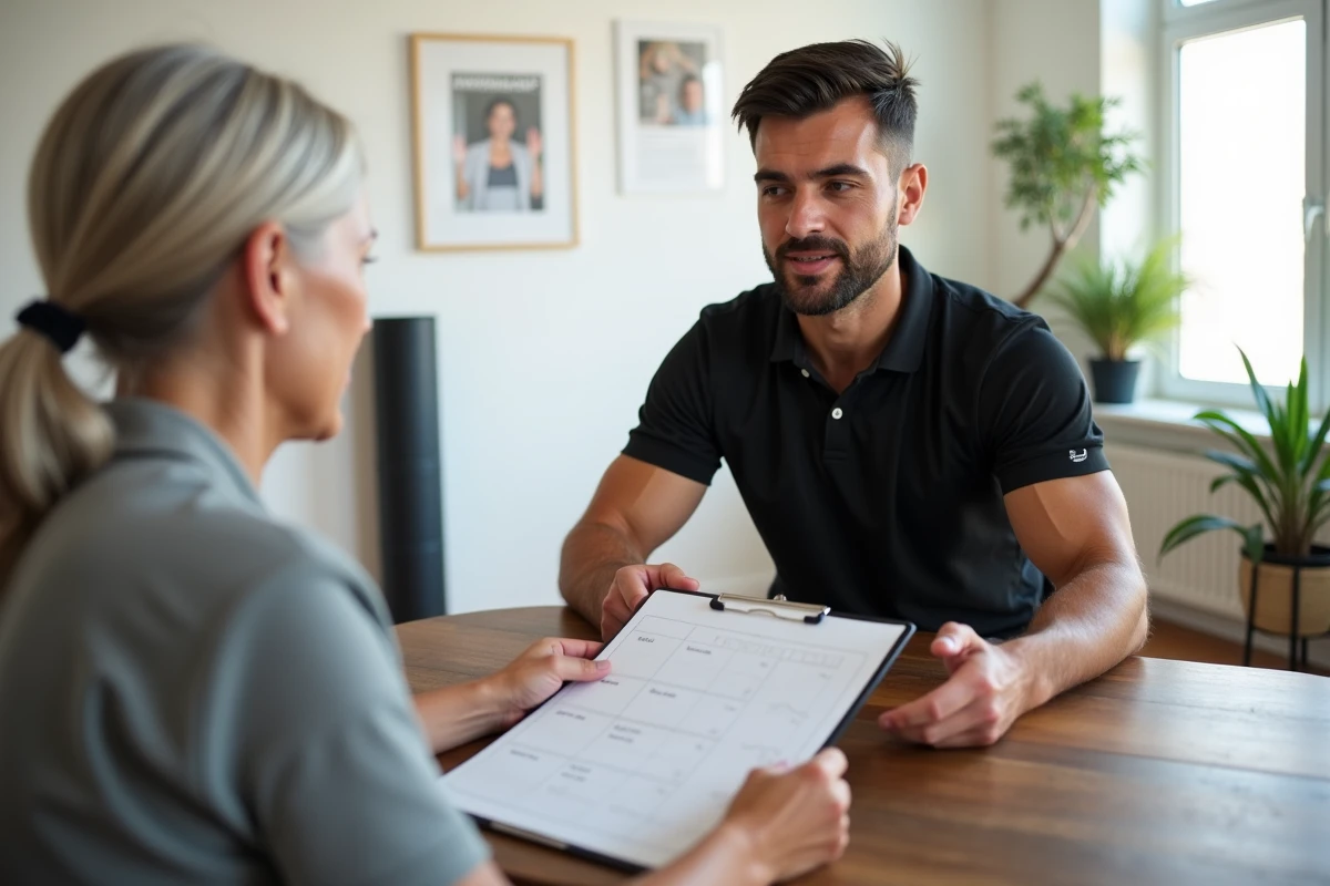 Coach sportif et cliente discutant d'un programme d'entraînement personnalisé dans un studio de bien-être à Tours