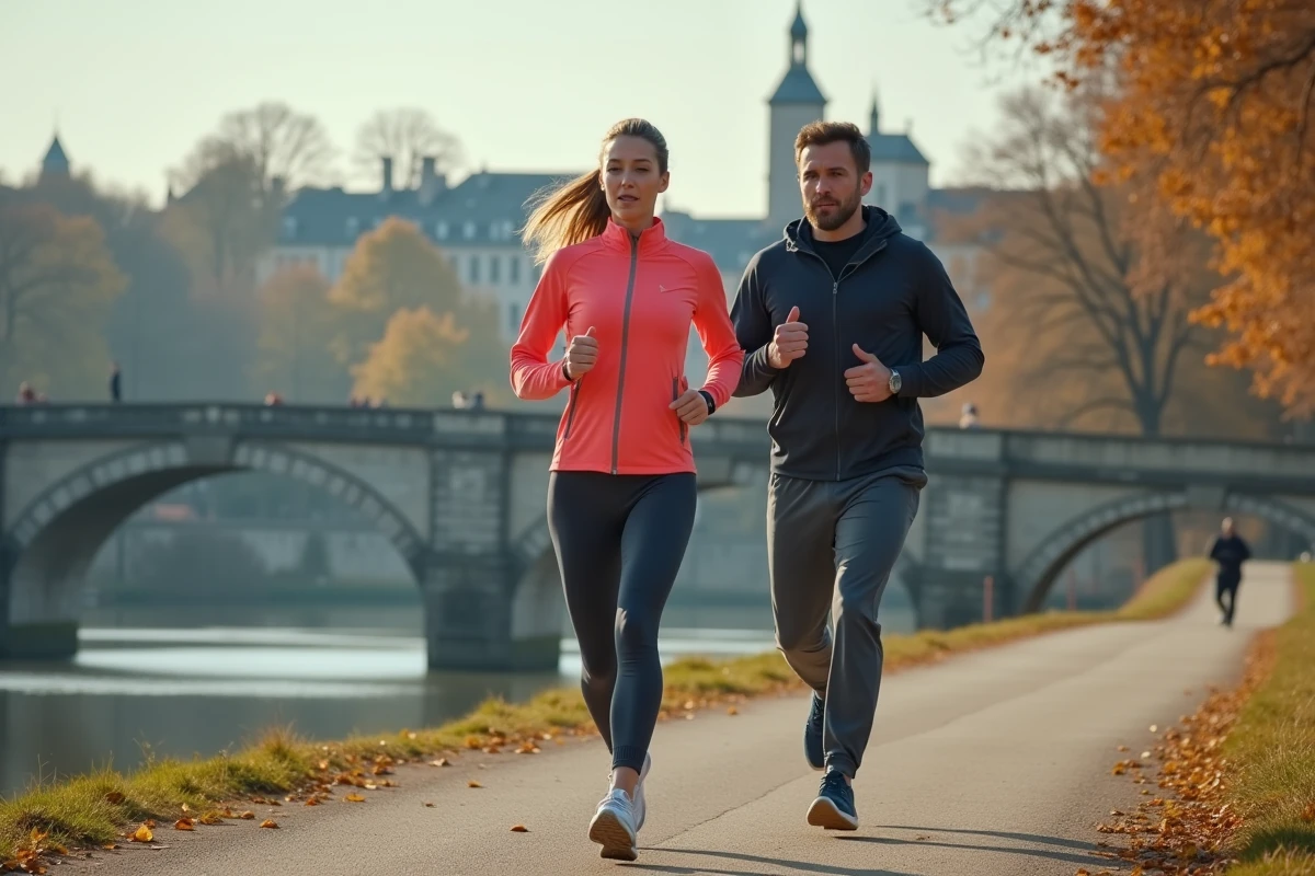 Coach sportive et son client en séance de running sur les bords de la Loire à Tours en automne