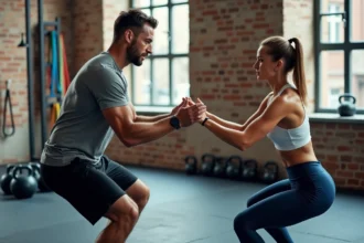 Coach sportif à Tours guidant une cliente lors d'un exercice de squat dans une salle de sport moderne