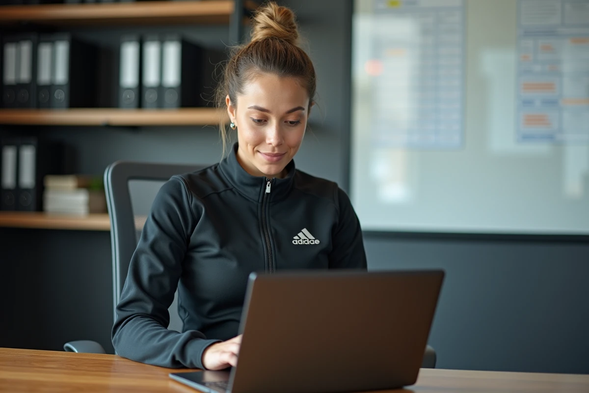 Coach sportive féminine examinant une fiche de salaire sur un ordinateur portable dans un bureau de salle de sport