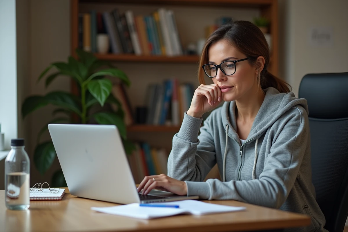 Coach sportive à domicile lisant un contrat d'assurance responsabilité civile professionnelle sur ordinateur